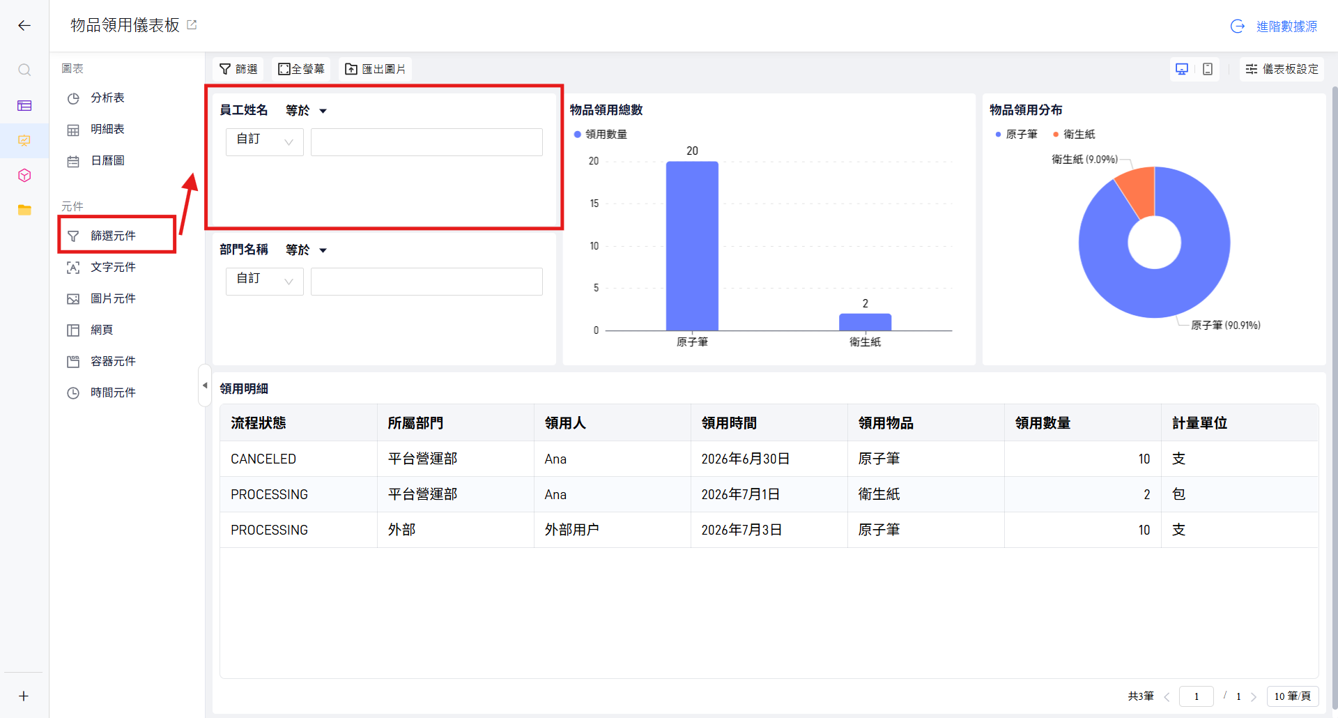 圖表、元件選擇區
