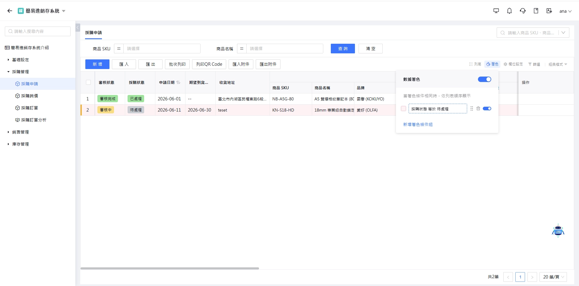 著色條件套用結果